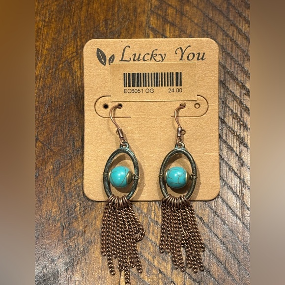 Turquoise Bead Chain Tassel Dangle Earrings – Rustic Boho 💙 - Picture 2 of 3